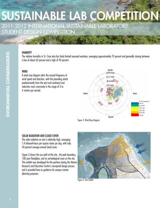 9
ENVIRONMENTALCONSIDERATIONS
HUMIDITY
The relative humidity in St. Croix also has fairly limited seasonal variation, averaging approximately 70 percent and generally staying between
a low of about 60 percent and a high of 90 percent.
WIND
A wind rose diagram plots the annual frequency of
wind speed and direction, with the prevailing winds
predominantly from the east and southeast and
velocities most commonly in the range of 3 to
6 meters per second.
SOLAR RADIATION AND CLOUD COVER
The solar radiation on site is relatively high, averaging
5.4 kilowatt-hours per square meter per day, with only
40 percent average annual cloud cover.
Figure 3 shows the sun path at the site, the park boundary,
100 year ﬂoodplain, and an archeological zone on the site.
This exhibit was developed for the partners during the Marine
Research and Education Center’s conceptual design process
and is provided here as guidance for campus master
planning purposes.
Figure 3: Site Exhibit
Figure 2: Wind Rose Diagram
 