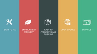 EASY TO FIX ENVIRONMENT
FRIENDLY
EASY TO
PACKAGING AND
SHIPPING
OPEN SOURCE LOW COST
 
