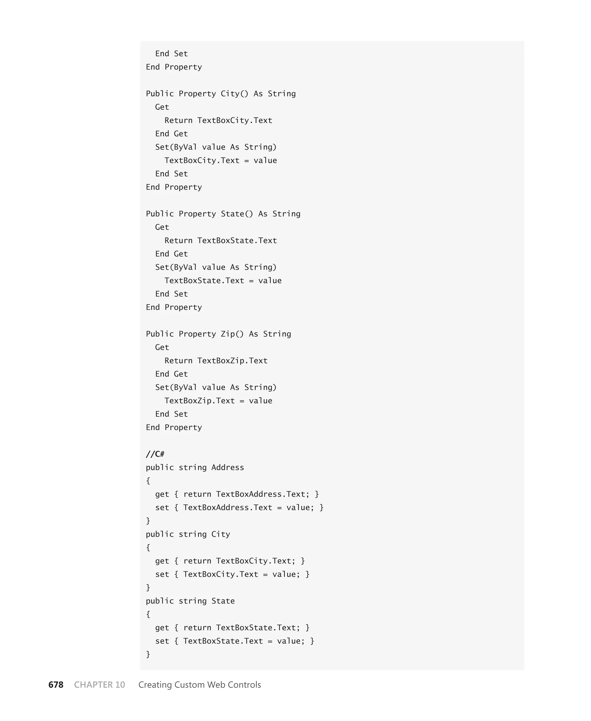 End Set
                    End Property


                    Public Property City() As String
                        Get
                          Return TextBoxCity.Text
                        End Get
                        Set(ByVal value As String)
                          TextBoxCity.Text = value
                        End Set
                    End Property


                    Public Property State() As String
                        Get
                          Return TextBoxState.Text
                        End Get
                        Set(ByVal value As String)
                          TextBoxState.Text = value
                        End Set
                    End Property


                    Public Property Zip() As String
                        Get
                          Return TextBoxZip.Text
                        End Get
                        Set(ByVal value As String)
                          TextBoxZip.Text = value
                        End Set
                    End Property


                    //C#
                    public string Address
                    {
                        get { return TextBoxAddress.Text; }
                        set { TextBoxAddress.Text = value; }
                    }
                    public string City
                    {
                        get { return TextBoxCity.Text; }
                        set { TextBoxCity.Text = value; }
                    }
                    public string State
                    {
                        get { return TextBoxState.Text; }
                        set { TextBoxState.Text = value; }
                    }


678   CHAPTER 10   Creating Custom Web Controls
 