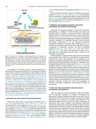 For example, it has been reported, reducing utilization of
agrochemicals through more effective use of mutualistic microbes
could result in reduction of N emissions and leaching as well as
carbon (C) emissions directly from the soil (Dobermann and
Cassman 2002; De Graaff et al., 2006; Bakker et al., 2012) or
indirectly through agrochemical production (Organization of
Economic Cooperation and Development, 2012b; Organization
for Economic Cooperation and Development Compendium of
Agri-environmental Indicators, 2013). The mitigation potential of
decreased N use for agriculture in the European Union (Domingo
et al., 2014) is projected to result in a reduction of 44% GHGe from
2009 levels, corresponding to a reduction of 41.3 million metric
tons CO2 equivalent annually with large-scale, ecosystems and
human health beneﬁts (Maumbe and Swinton, 2003; Organization
for Economic Cooperation and Development Compendium of
Agri-environmental Indicators, 2013).
5. Increased host stress tolerance from the ground-up
Maintenance of beneﬁcial, soil microbial communities (Duha-
mel and Vandenkoornhuyse 2013; Govers et al., 2013) is
recommended for soil management (Bakarr, 2012; Govers et al.,
2013) through, in part, fostering of mutualistic soil microbial
communities (Shrestha et al., 2015). Increased microbial commu-
nity complexity can lead to increased biotic heterogeneity, soil
quality, decreased soil erosion (Pimentel et al., 1993; Gianinazzi
et al., 2010; Bever et al., 2012; Govers et al., 2013), increased water
retention (Kennedy and Smith 1995), and increased nutrient
turnover and retention (Tilman et al., 2002; Thiele-Bruhn et al.,
2012), and improvement of soil aggregate stability (Duchicela et al.,
2012).
Many microbial mutualists increase the efﬁciency of nutrient
uptake (Newcombe et al., 2010; Bücking et al., 2012) and therefore
have the potential to signiﬁcantly reduce fertilizer applications
(Tilman et al., 2002). Reduced GHGe through healthier soils and
plants requiring lower nutrient additions is mitigative (Drury et al.,
2014; see also Smith et al., 2013).
6. Adaptation and mitigation potential: constructed
communities and synthetic biotechnology
Utilization of emerging techniques in the ﬁeld of synthetic
biotechnology, as applied to both microbes and plants can
plausibly result in synthetic constructed microbial communities
with the ability to improve plant performance and environmental
quality (Shong et al., 2012; Kusari et al., 2014). In this scenario the
microbes may be genetically engineered to modify (1) intracellular
metabolic pathways, (2) predictable features of plant–microbe
inter-cellular interactions, or (3) the microbial community
composition resulting in improved plant performance (Fig. 1).
The potential to engineer plants which in turn alter the community
composition of mutualistic microbes has been successfully
explored (Turner et al., 1993; Tanaka et al., 2006, 2008; Brelles-
Marino and Ane, 2008). Note, some important microbes, such as
AM fungi, have multinucleate genetic systems which are not
amenable to engineering.
Another approach, create microbial communities for improving
crop production by combining un-engineered microbe species
isolated from nature. This approach can be facilitated by an
integration of systems biology, ecology, and evolutionary biology.
At the population level syntrophic exchange (i.e., metabolic cross-
feeding) between different microbial species (Mee et al., 2014) and
synergistic effects on plant growth (Larimer et al., 2014) are
operational. Ecological studies can provide information about the
impacts of climate change (e.g., elevated ozone, elevated carbon
dioxide) on soil microbial community composition and metabolic
diversity (Kato et al., 2014; Bao et al., 2015; Singh et al., 2015).
Evolutionary studies can predict the stability of synthetic microbial
communities and microbial mutualisms over time (Bever, 2015).
Large-scale ﬁeld trials and controlled experiments can be used to
evaluate impact of external factors (e.g. soil physical and chemical
properties, drought, elevated CO2, plant host genotype) on
microbial community composition and synergistic beneﬁts of
inoculations.
7. Action now does not preclude continued research,
development, and reﬁnement
There are numerous, potential challenges to efﬁcacious utiliza-
tion of mutualistic microbes as a means of increasing crop
productivity. Perhaps a legitimate question to ask now, is do we
have time to wait for this research to resolve nuanced issues where
applications may already be accessible and efﬁcacious? The
approach proposed here of constructed microbial communities, in
conjunction with classic breeding and advanced agricultural
management approaches, incorporates biology, ecology, evolution,
and economics to produce economic and ecologically sustainable
results at local scales. Application now should not restrict on-going
research but rather stimulate research and provide important
opportunities to improve agricultural systems, while mitigating the
impacts of GHGe from current agricultural management regimes.
Applied and basic sciences are iterative, mutually dependent
processes; to realize their beneﬁts the process needs to begin.
Fig. 1. A diagram of a community engineering approach. The microbes are
genetically engineered to modify: (1) intracellular metabolic pathways, (2)
predictable features of plant–microbe inter-cellular interactions, or (3) change
the composition of microbes in the community en planta. Color circles inside
microbe and plant cells (grey and green circles, respectively) indicate single or
multiple heterologous recombinant DNA molecules. (For interpretation of the
references to color in this ﬁgure legend, the reader is referred to the web version of
this article.)
306 C.E. Hamilton et al. / Agriculture, Ecosystems and Environment 216 (2016) 304–308
 