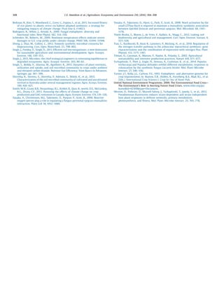 Redman, R., Kim, Y., Woodward, C., Greer, C., Espino, L., et al., 2011. Increased ﬁtness
of rice plants to abiotic stress via habitat adapted symbiosis: a strategy for
mitigating impacts of climate change. PLoS One 6, e14823.
Rodriguez, R., White, J., Arnold, A., 2009. Fungal endophytes: diversity and
functional roles. New Phytol. 182, 314–330.
Schlenker, W., Roberts, M., 2009. Nonlinear temperature effects indicate severe
damages to U.S. crop yields under climate change. PNAS 106, 15594–15598.
Shong, J., Diaz, M., Collins, C., 2012. Towards synthetic microbial consortia for
bioprocessing. Curr. Opin. Biotechnol. 23, 798–802.
Singh, J., Pandey, V., Singh, D., 2011. Efﬁcient soil microorganisms: a new dimension
for sustainable agriculture and environmental development. Agric. Ecosyst.
Environ. 140, 339–353.
Singh, J., 2015. Microbes: the chief ecological engineers in reinstating equilibrium in
degraded ecosystems. Agric. Ecosyst. Environ. 203, 80–82.
Singh, S., Reddy, V., Sharma, M., Agnihotri, R., 2015. Dynamics of plant nutrients,
utilization and uptake, and soil microbial community in crops under ambient
and elevated carbon dioxide. Nutrient Use Efﬁciency: from Basics to Advances.
Springer, pp. 381–399.
Shrestha, K., Stevens, S., Shrestha, P., Adetutu, E., Walsh, K., et al., 2015.
Characterization of the soil microbial community of cultivated and uncultivated
vertisol in Australia under several management regimes. Agric. Ecosys. Environ.
199, 418–427.
Smith, W.N., Grant, B.B., Desjardings, R.L., Kröbel, R., Qian, B., worth, D.E., McConkey,
B.G., Drury, C.F., 2013. Assessing the effects of climate change on crop
production and GHG emissions in Canada. Agric. Ecosyst. Environ.179,139–150.
Tanaka, A., Christensen, M.J., Takemoto, D., Pyoyun, P., Scott, B., 2006. Reactive
oxygen species play a role in regulating a fungus-perennial ryegrass mutualistic
interaction. Plant Cell 18, 1052–1066.
Tanaka, A., Takemoto, D., Hyon, G., Park, P., Scott, B., 2008. NoxA activation by the
small GTPase RacA is required to maintain a mutualistic symbiotic association
between Epichloë festucae and perennial ryegrass. Mol. Microbiol. 68, 1165–
1178.
Thiele-Bruhn, S., Bloem, J., de Vries, F., Kalbitz, K., Wagg, C., 2012. Linking soil
biodiversity and agricultural soil management. Curr. Opin. Environ. Sustain. 4,
523–528.
Tian, C., Kasiborski, B., Koul, R., Lammers, P., Bücking, H., et al., 2010. Regulation of
the nitrogen transfer pathway in the arbuscular mycorrhizal symbiosis: gene
characterization and the coordination of expression with nitrogen ﬂux. Plant
Physiol. 153, 1175–1187.
Tilman, D., Cassman, K., Matson, P., Naylor, R., Polasky, S., 2002. Agricultural
sustainability and intensive production practices. Nature 418, 671–677.
Tschaplinski, T., Plett, J., Engle, N., Deveau, A., Cushman, K., et al., 2014. Populus
trichocarpa and Populus deltoides exhibit different metabolomic responses to
colonization by the symbiotic fungus Laccaria bicolor. Mol. Plant–Microbe
Interact. 27, 546–556.
Turner, J.T., Kelly, J.L., Carlson, P.S., 1993. Endophytes: and alternative genome for
crop improvement. In: Buxton, E.R., Shibles, R., Forseberg, R.A., Blad, B.L., et al.
(Eds.), International Crop Science I. Crop Sci Soc of Amer Pub.
United National Environment Programme, 2009. The Environmental Food Crisis—
The Environment’s Role in Averting Future Food Crises. www.eldis.org/go/
home&id=42309&type=Document.
Weston, D., Pelletier, D., Morrell-Falvey, J., Tschaplinski, T., Jawdy, S., et al., 2012.
Pseudomonas ﬂuorescens induces strain-dependent and strain-independent
host plant responses in defense networks, primary metabolism,
photosynthesis, and ﬁtness. Mol. Plant–Microbe Interact. 25, 765–778.
308 C.E. Hamilton et al. / Agriculture, Ecosystems and Environment 216 (2016) 304–308
 