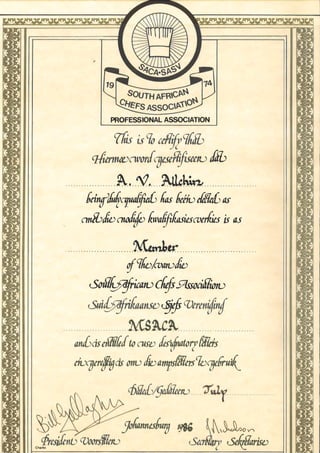 Certificate Professional Member South African Chefs Association