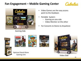 Fan Engagement – Mobile Gaming Center
• Video Games are the easy access
point to the Outdoors
• Portable System:
− Gaming on one side
− Video Monitor on the other
• For Concerts to Stores to Anywhere
Optional Stand Alone
Gaming Unit
20
Video Side
Gaming Side
 