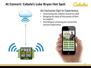 At Concert: Cabela’s Luke Bryan Hot Spot
6
An Exclusive Opt-In Experience
• Connecting the Cabela’s brand to LUKE
• Bringing the data of thousands of fans
to Cabela’s
• Providing an amazing pre-concert/at
concert experience
 