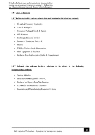 A Study of effectiveness and organizational alignment of the
training and development programs conducted by the Learning
and Education Group at Larsen & Toubro Infotech, Bangalore
18
CMR Institute of Technology – Department of Management Studies
2.2.4 Lines of Business
L&T Infotech provides end-to-end solutions and services in the following verticals:
 Hi-tech & Consumer Electronics
 Auto & Aerospace
 Consumer Packaged Goods & Retail;
 Life Sciences
 Banking & Financial Services
 Insurance; Healthcare; Energy &
 Process
 Utilities, Engineering & Construction
 Plant Equipment & Industrial
 Products; Travel & Logistics; Media & Entertainment.
L&T Infotech also delivers business solutions to its clients in the following
horizontals/service lines:
 Testing, Mobility,
 Infrastructure Management Services,
 Business Intelligence/Data Warehousing,
 SAP Oracle and Microsoft, Enterprise
 Integration and Manufacturing Execution Systems
 