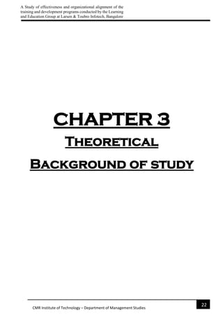 A Study of effectiveness and organizational alignment of the
training and development programs conducted by the Learning
and Education Group at Larsen & Toubro Infotech, Bangalore
22
CMR Institute of Technology – Department of Management Studies
CHAPTER 3
Theoretical
Background of study
 