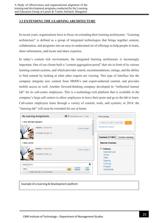 A Study of effectiveness and organizational alignment of the
training and development programs conducted by the Learning
and Education Group at Larsen & Toubro Infotech, Bangalore
25
CMR Institute of Technology – Department of Management Studies
3.3 EXTENDING THE LEARNING ARCHITECTURE
In recent years, organizations have to focus on extending their learning architecture. “Learning
architecture” is defined as a group of integrated technologies that brings together content,
collaboration, and programs into an easy-to-understand set of offerings to help people to learn,
share information, and locate and share expertise.
In today’s content rich environment, the integrated learning architecture is increasingly
important. One of our clients built a “content aggregation portal” that sits in front of its various
learning content systems, and which provides search, recommendations, ratings, and the ability
to find content by looking at what other experts are viewing. This type of interface lets the
company integrate new content from MOOCs and expert-authored content, and provides
mobile access as well. Another forward-thinking company developed its “millennial learner
lab” for its call-center employees. This is a technology-rich platform that is available in the
company’s large call centers to allow employees to leave their posts and go to the lab to learn.
Call-center employees learn through a variety of content, tools, and systems; in 2014, the
“learning lab” will soon be extended for use at home.
Example of a Learning & Development platform
 
