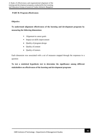 A Study of effectiveness and organizational alignment of the
training and development programs conducted by the Learning
and Education Group at Larsen & Toubro Infotech, Bangalore
40
CMR Institute of Technology – Department of Management Studies
PART B: Program effectiveness
Objective
To understand alignment effectiveness of the learning and development programs by
measuring the following dimensions:
 Alignment to career goals
 Impact on skills improvement
 Quality of program design
 Quality of content
 Quality of trainers
Each dimension was associated with a set of measures mapped through the responses to a
question
To test a statistical hypothesis test to determine the significance among different
stakeholders on effectiveness of the learning and development programs
 