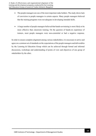 A Study of effectiveness and organizational alignment of the
training and development programs conducted by the Learning
and Education Group at Larsen & Toubro Infotech, Bangalore
59
CMR Institute of Technology – Department of Management Studies
 The people managers are one of the most important stake holders. The study shows lack
of conviction in people managers in certain aspects. Many people managers believed
that the training programs were not adequate in developing intended skills.
 A large number of people managers believed that hands-on-training is more likely to be
more effective than classroom training. On the question of hands-on experience of
trainers, most people managers were non-committal or had a negative response.
In order to ensure complete alignment among various stakeholders, it is necessary to arrive and
agree on a common set of standards on the expectations of the people managers and deliverables
by the Learning & Education Group which can be achieved through formal and informal
discussions, workshops and understanding of points of view and objectives of one group of
stakeholders by the other.
 