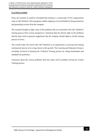 A Study of effectiveness and organizational alignment of the
training and development programs conducted by the Learning
and Education Group at Larsen & Toubro Infotech, Bangalore
61
CMR Institute of Technology – Department of Management Studies
5.3 CONCLUSION
From, the research, it could be concluded that training is a critical part of ITes organizations
such as L&T Infotech. These programs enable employees to be profitable by being productive
and generating revenue from the company.
The research brought to light, some of the problems that are associated with L&T Infotech’s
training process from various perspectives. Statistical data has thrown light on the problems
and has been used to generate suggestions that the company should adopt to rid the training
process of errors.
The overall study, has shown that L&T Infotech as an organization is growing and training
continuously proves to be a large factor in this growth. The Learning and Education Group is
constantly involved in bettering the Technical Training process by setting benchmarks and
standards for perfection.
Awareness about the various problems from this report will in problem solving for a better
Training process.
 