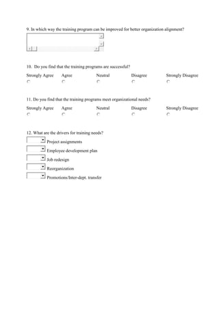 9. In which way the training program can be improved for better organization alignment?
10. Do you find that the training programs are successful?
Strongly Agree Agree Neutral Disagree Strongly Disagree
11. Do you find that the training programs meet organizational needs?
Strongly Agree Agree Neutral Disagree Strongly Disagree
12. What are the drivers for training needs?
Project assignments
Employee development plan
Job redesign
Reorganization
Promotions/Inter-dept. transfer
 