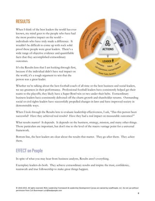 © 2010-2015. All rights reserved. REAL Leadership Framework & Leadership Development Canvas are owned by LeadPeople, LLC. Do not use without
permission from Curt Buermeyer curt@leadpeople.com
4
RESULTS
When I think of the best leaders the world has ever
known, my mind goes to the people who have had
the most positive impact on the world –
individuals who have truly made a difference. It
wouldn’t be difficult to come up with rock solid
proof these people were great leaders. There’s a
wide range of objective evidence and quantifiable
facts that they accomplished extraordinary
outcomes.
It’s the Results lens that I am looking through first,
because if the individual didn’t have real impact on
the world, it’s a tough argument to win that the
person was a great leader.
Whether we’re talking about the best football coach of all time or the best business and social leaders,
we see greatness in their performance. Professional football leaders have consistently helped get their
teams to the playoffs; they likely have a Super Bowl win or two under their belts. Extraordinary
business leaders have consistently delivered off the charts growth and shareholder returns. Outstanding
social or civil rights leaders have successfully propelled changes in laws and have improved society in
demonstrable ways.
When I look through the Results lens to evaluate leadership effectiveness, I ask, “Has this person been
successful? Have they achieved real results? Have they had a real impact on measurable outcomes?”
What results matter? It depends. It depends on the business, strategy, mission, and many other things.
Those particulars are important, but don’t rise to the level of the macro vantage point for a universal
framework.
Bottom line, the best leaders are clear about the results that matter. They go after them. They achieve
them.
EFFECT on People
In spite of what you may hear from business analysts, Results aren’t everything.
Exemplary leaders do both. They achieve extraordinary results and inspire the trust, confidence,
teamwork and true followership to make great things happen.
 