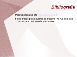 Bibliografia
Pesquisa feita no site www.google.com.br
Fotos tiradas pelas autoras do trabalho na rua que elas
moram e no entorno de suas casas.