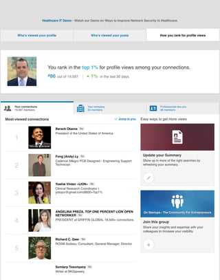 !
Your connections
19,597 members "
Your company
33 members #
Professionals like you
98 members
Healthcare IT Demo - Watch our Demo on Ways to Improve Network Security in Healthcare.
Who's viewed your proﬁle Who's viewed your posts
You rank in the top 1% for proﬁle views among your connections.
#86 out of 19,597 $1% in the last 30 days
Most-viewed connections %Jump to you
1
Barack Obama
President of the United States of America
1st
2
Fong (Andy) Ly
Cadence Allegro PCB Designed - Engineering Support
Technician
1st
3
Yoshie Vinten ~LION~
Clinical Research Coordinator (
yotojov@gmail.com)8600+Top1%
1st
4
ANGELINA PREZA, TOP ONE PERCENT LION OPEN
NETWORKER
PRESIDENT at GRIFFIN GLOBAL 18,500+ connections
1st
5
Richard C. Geer
ROSM Sodexo, Consultant, General Manager, Director
1st
Somlarp Tosomparp
Writer at BKGjewelry
1st
How you rank for proﬁle views
Easy ways to get more views
Update your Summary
Show up in more of the right searches by
refreshing your summary.
&
'
Join this group
Share your insights and expertise with your
colleagues to increase your visibility.
(
On Startups - The Community For Entrepreneurs
On Startups - The Community For Entrepreneurs
)
 