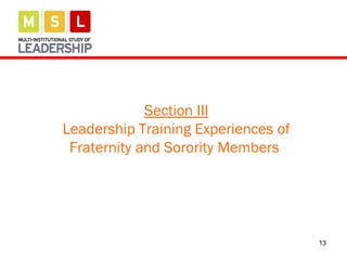 13
Section III
Leadership Training Experiences of
Fraternity and Sorority Members
 