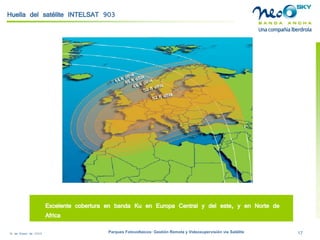 18 de Enero de 2009 Parques Fotovoltaicos: Gestión Remota y Videosupervisión vía Satélite 17 
Huella del satélite INTELSAT 903 
Excelente cobertura en banda Ku en Europa Central y del este, y en Norte de Africa  