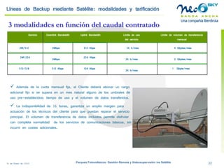 18 de Enero de 2009 Parques Fotovoltaicos: Gestión Remota y Videosupervisión vía Satélite 22 
2M/512 
2M/256 
512/128 
2Mbps 
2Mbps 
512 Kbps 
512 Kbps 
256 Kbps 
128 Kbps 
4 Gbytes/mes 
2 Gbytes/mes 
1 Gbyte/mes 
Servicio. 
DownlinkBandwidth 
Uplink Bandwidth 
Límite de volumen de transferencia mensual 
Líneas de Backupmediante Satélite: modalidades y tarificación 
 
Además de la cuota mensual fija, el Cliente deberá abonar un cargo adicional fijo si se supera en un mes natural alguno de los umbrales de uso pre-establecidos: tiempo de uso y el volumen de datos transferidos. 
 
La indisponibilidad de 36 horas, garantiza un amplio margen para actuación de los técnicos del cliente para que puedan reparar el servicio principal. El volumen de transferencia de datos incluidos permite disfrutar con completa normalidad de los servicios de comunicaciones básicos, sin incurrir en costes adicionales. 
Límite de uso 
del servicio 
36 h/mes 
36 h/mes 
36 h/mes 
3 modalidades en función del caudal contratado  