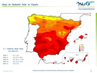 18 de Enero de 2009 Parques Fotovoltaicos: Gestión Remota y Videosupervisión vía Satélite 30 
Mapa de Radiación Solar en España 
H = Radiación Media Diaria 
(en kWh/m2) 
Zona I:H < 3,8 
Zona II:3,8 ≤H <4,2 
Zona III:4,2 ≤H < 4,6 
Zona IV:4,6 ≤H <5,0 
Zona V:H ≥5,0  
