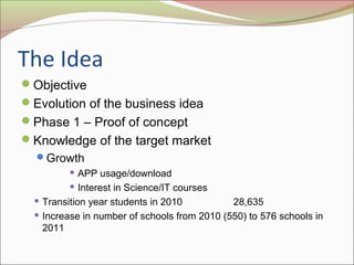 The Idea
Objective
Evolution of the business idea
Phase 1 – Proof of concept
Knowledge of the target market
Growth
 APP usage/download
 Interest in Science/IT courses
 Transition year students in 2010 28,635
 Increase in number of schools from 2010 (550) to 576 schools in
2011
 