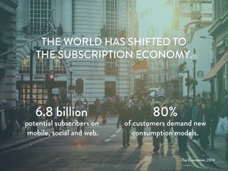 THE WORLD HAS SHIFTED TO
THE SUBSCRIPTION ECONOMY.
6.8 billion
potential subscribers on
mobile, social and web.
80%
of customers demand new
consumption models.
–The Economist, 2014
 