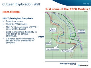 22 June, 2016
21
Just some of the PPFG Models !
Depth
Pressure (ppg)
Pore
Pressure
Forties
Lwr. Cretaceous
Top Reservoir
Fracture
Gradient
Point of Note:
HPHT Geological Surprises
• Expect surprises.
• Multiple PPFG Models
• Plan for the extremes of PPFG –
cover all the bases!
• Build in maximum flexibility in
well design to achieve
objectives.
• Gathered some information,
but still many unknowns on
prospect.
Culzean Exploration Well
 
