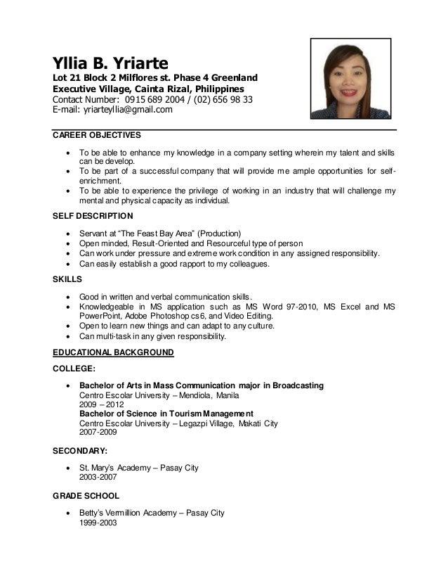 yllia b yriarte lot 21 block 2 milflores st phase 4 greenland executive village - Sample Resume Communications Major yllia b yriarte lot 21 block 2 milflores st phase 4 greenland executive village - Sample Resume Communications Major