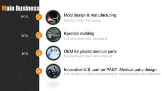 Main Business
1
2
3
4
Mold design & manufacturing
Innovative U.S. partner PADT :Medical parts design
Injection molding
Including assembly, packaging
OEM for plastic medical parts
U.S. design & China manufacturing for medical product development
Injection mold, die-casting
Equipped with clean room(class 4)
60%
30%
10%
 