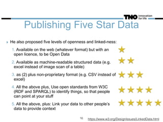 Publishing Five Star Data
‣ He also proposed five levels of openness and linked-ness:
1. Available on the web (whatever format) but with an
open licence, to be Open Data
2. Available as machine-readable structured data (e.g.
excel instead of image scan of a table)
3. as (2) plus non-proprietary format (e.g. CSV instead of
excel)
4. All the above plus, Use open standards from W3C
(RDF and SPARQL) to identify things, so that people
can point at your stuff
5. All the above, plus: Link your data to other people’s
data to provide context
https://www.w3.org/DesignIssues/LinkedData.html16
 