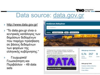 Data source: data.gov.gr
‣ http://www.data.gov.gr/
‣ “Το data.gov.gr είναι ο
κεντρικός κατάλογος των
δηµόσιων δεδοµένων
που παρέχει πρόσβαση
σε βάσεις δεδοµένων
των φορέων της
ελληνικής κυβέρνησης.”
‣ Γεωχωρικά/
Γεωσκόπηση και
Περιβάλλον - 49 data
sets
 