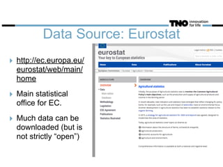 Data Source: Eurostat
‣ http://ec.europa.eu/
eurostat/web/main/
home
‣ Main statistical
office for EC.
‣ Much data can be
downloaded (but is
not strictly “open”)
 
