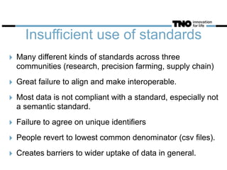 Insufficient use of standards
‣ Many different kinds of standards across three
communities (research, precision farming, supply chain)
‣ Great failure to align and make interoperable.
‣ Most data is not compliant with a standard, especially not
a semantic standard.
‣ Failure to agree on unique identifiers
‣ People revert to lowest common denominator (csv files).
‣ Creates barriers to wider uptake of data in general.
 