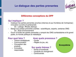 Le dialogue des parties prenantes


                 Différentes conceptions du DPP

Qui impliquer ?
-
    innovation ouverte et partenariats
         Ex : Lafarge, Rhodia (Solvay)
-   Elargir aux parties prenantes averties : scientifiques, experts, certaines ONG
         Ex : Suez Environnement
-   Ouvrir à toutes les parties prenantes y compris les ONG contestataires et le grand
    public, le monde politique et médiatique

Pour quoi faire ?                Avec quels processus ?
     - Visions stratégiques      - Durée
     - Communication             - Règles du jeu, etc.
     - Conception des                                              Ecosystème
       produits
     - Innovation              Sur quels thèmes ?
       responsable             -
                               - Conduite du changement
                               - Controverses
 