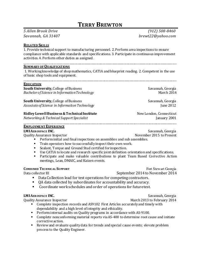 resume for quality inspector