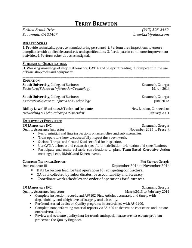 Terry Brewton S Qc Inspector Resume