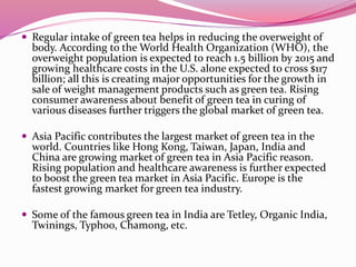  Regular intake of green tea helps in reducing the overweight of
body. According to the World Health Organization (WHO), the
overweight population is expected to reach 1.5 billion by 2015 and
growing healthcare costs in the U.S. alone expected to cross $117
billion; all this is creating major opportunities for the growth in
sale of weight management products such as green tea. Rising
consumer awareness about benefit of green tea in curing of
various diseases further triggers the global market of green tea.
 Asia Pacific contributes the largest market of green tea in the
world. Countries like Hong Kong, Taiwan, Japan, India and
China are growing market of green tea in Asia Pacific reason.
Rising population and healthcare awareness is further expected
to boost the green tea market in Asia Pacific. Europe is the
fastest growing market for green tea industry.
 Some of the famous green tea in India are Tetley, Organic India,
Twinings, Typhoo, Chamong, etc.
 