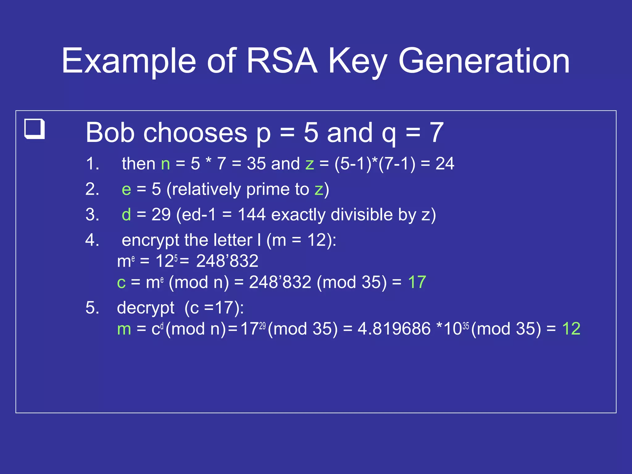 Example of RSA Key Generation
 Bob chooses p = 5 and q = 7
1. then n = 5 * 7 = 35 and z = (5-1)*(7-1) = 24
2. e = 5 (relatively prime to z)
3. d = 29 (ed-1 = 144 exactly divisible by z)
4. encrypt the letter l (m = 12):
me
= 125
= 248’832
c = me
(mod n) = 248’832 (mod 35) = 17
5. decrypt (c =17):
m = cd
(mod n)=1729
(mod 35) = 4.819686 *1035
(mod 35) = 12
 