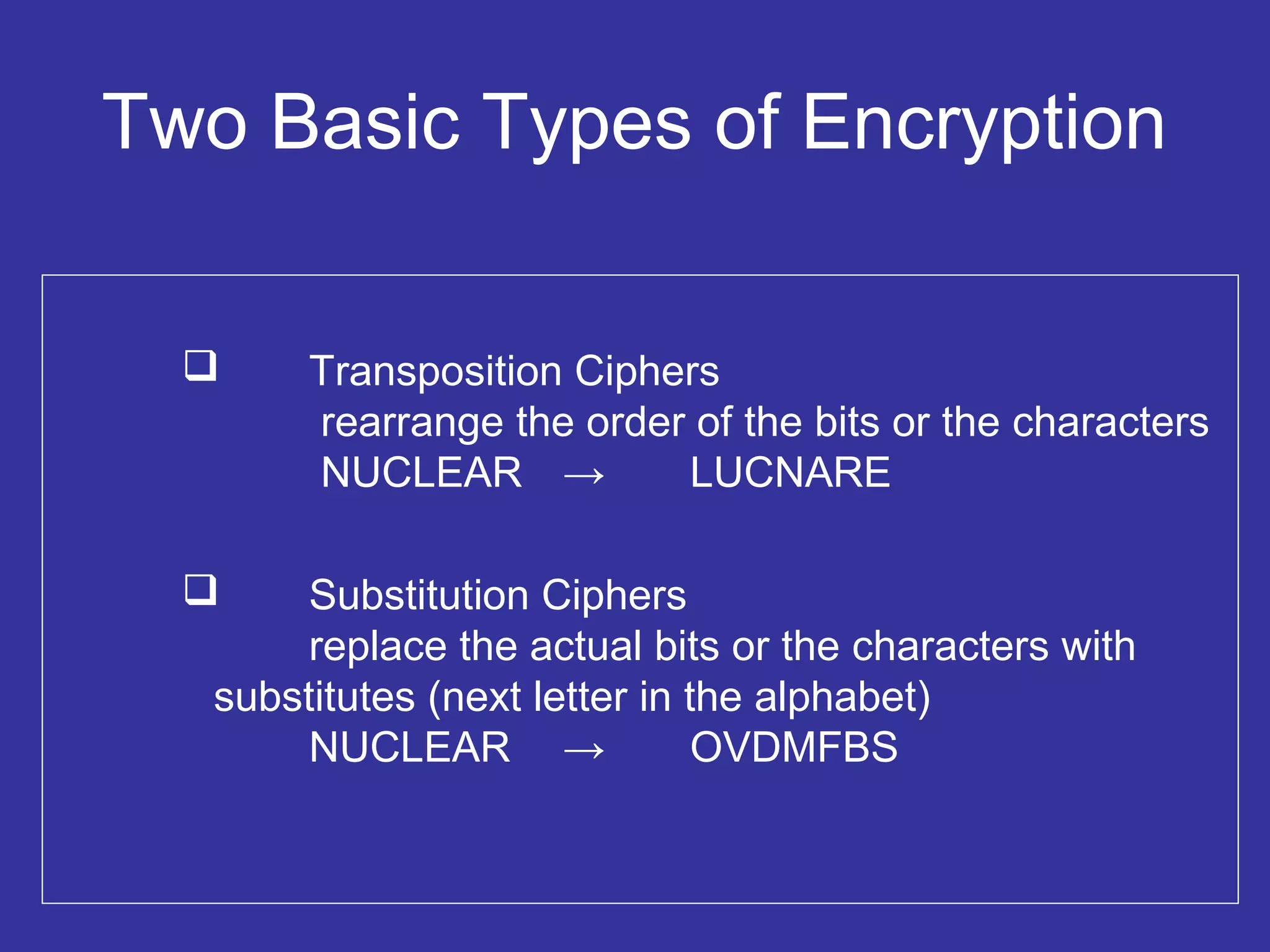 Two Basic Types of Encryption
 Transposition Ciphers
rearrange the order of the bits or the characters
NUCLEAR → LUCNARE
 Substitution Ciphers
replace the actual bits or the characters with
substitutes (next letter in the alphabet)
NUCLEAR → OVDMFBS
 