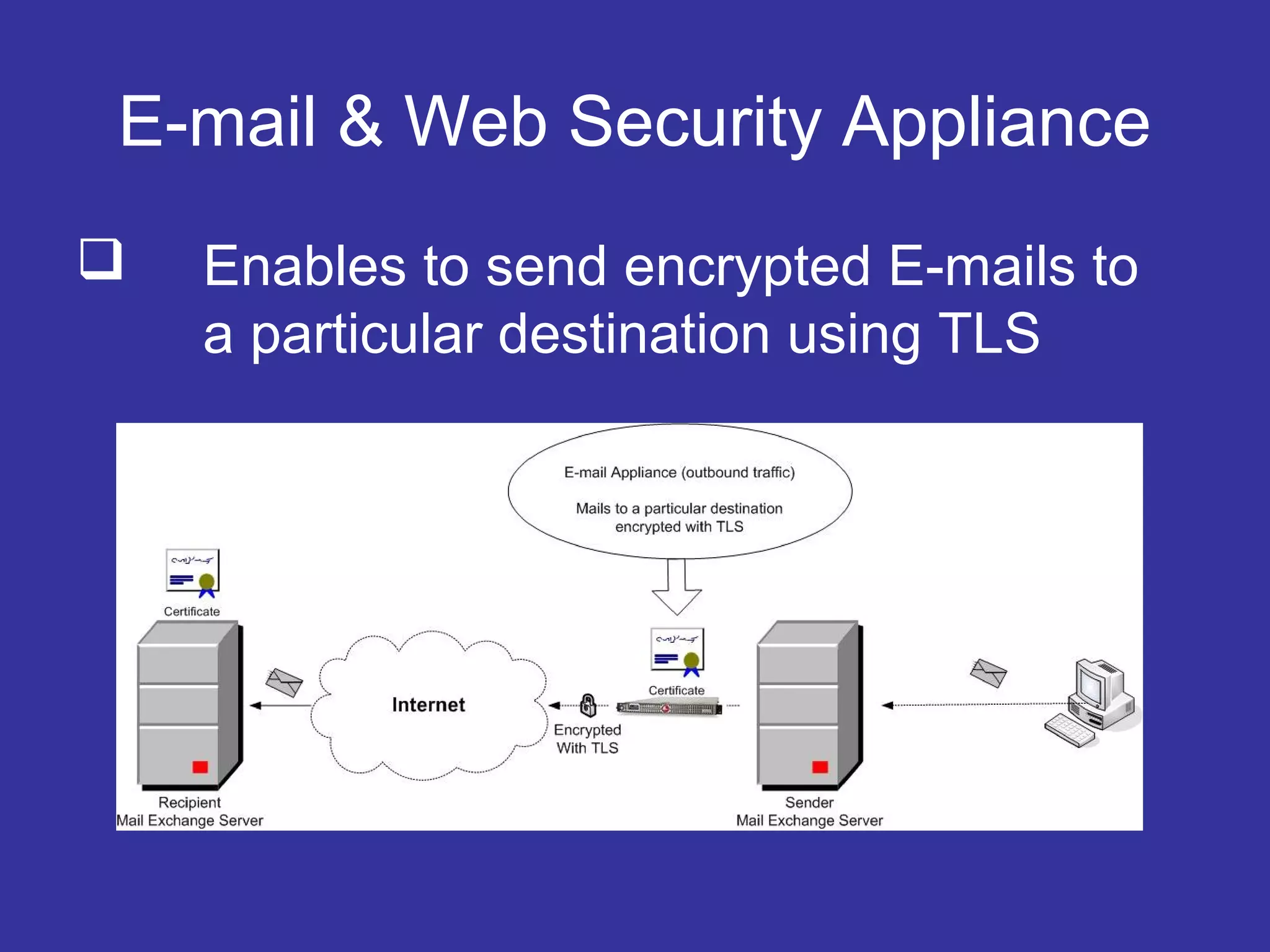 E-mail & Web Security Appliance
 Enables to send encrypted E-mails to
a particular destination using TLS
 