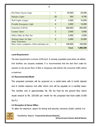 33
Feasibility Report Prepared by Ghulam Mujtaba ,
M.Fiaz & Aamir Rohail, Abid & Mazhar
Hot Water Geyser Large 1 25,000 25,000
Halogen Lights 25 350 8,750
Wall Lights (Large) 4 2,500 10,000
Portable Emergency Light 4 3,500 14,000
Generator (5 KVA) 1 200,000 200,000
Counter Chairs 2 2,500 5,000
Office Table & Chair Set 1 2,500 2,500
Waiting Chairs for Take
Away Customers
5 2,000 10,000
Misc. items, computers, office stationary etc 1 100,000 100,000
Total 1,294,250
Land Requirement
The land requirement is around 4,500 sq.ft. In densely populated area where all utilities
And facilities are properly available. It is recommended that the fast food outlet be
opened on the ground floor of flats or shopping mall wherein the consumer traffic will be
a maximum.
4.3 Recommended Mode
The proposed premises will be acquired on a rental basis with 6 month deposit
and 6 months advance rent after which rent will be payable on a monthly basis.
The monthly rent is approximately Rs. 50/ Sq Feet for the ground floor which
would amount to Rs. 225,000 per month for the proposed fast food outlet (4,500
Sq Ft.)
4.4 Reception & Owner Office
To allow for maximum space for dining and security concerns (Cash control) it is
 