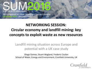 NETWORKING SESSION:
Circular economy and landfill mining: key
concepts to exploit waste as new resources
Landfill mining situation across Europe and
potential with a UK case study
Diogo Gomes, Stuart Wagland, Frederic Coulon
School of Water, Energy and Environment, Cranfield University, UK
 