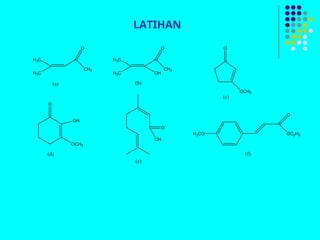 LATIHAN
H3C
H3C
O
CH3
(a)
H3C
H3C
O
CH3
OH
(b)
O
OCH3
(c)
O
OH
OCH3
(d)
O
OH
(e)
H3CO
O
OC2H5
(f)
 