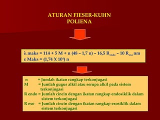 ATURAN FIESER-KUHN
POLIENA
 maks = 114 + 5 M + n (48 – 1,7 n) – 16,5 Rendo – 10 Rexo nm
 Maks = (1,74 X 104
) n
n = Jumlah ikatan rangkap terkonjugasi
M = Jumlah gugus alkil atau serupa alkil pada sistem
terkonjugasi
R endo = Jumlah cincin dengan ikatan rangkap endosiklik dalam
sistem terkonjugasi
R exo = Jumlah cincin dengan ikatan rangkap exosiklik dalam
sistem terkonjugasi
 