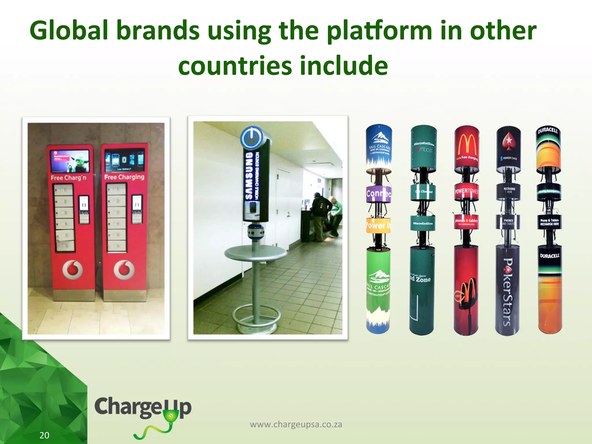 Global	
  brands	
  using	
  the	
  pla3orm	
  in	
  other	
  
countries	
  include	
  
www.chargeupsa.co.za	
  
20	
  
 