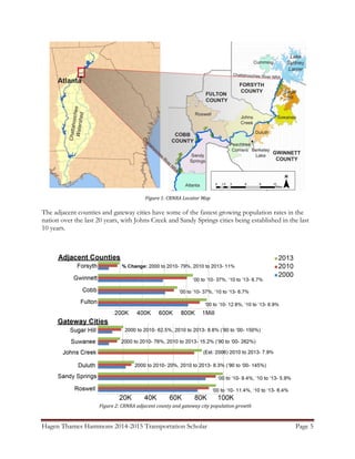 Hagen Thames Hammons 2014-2015 Transportation Scholar Page 5
Figure 1: CRNRA Locator Map
The adjacent counties and gateway cities have some of the fastest growing population rates in the
nation over the last 20 years, with Johns Creek and Sandy Springs cities being established in the last
10 years.
Figure 2: CRNRA adjacent county and city population statistics
Data Source: US Census Bureau
Figure 2: CRNRA adjacent county and gateway city population growth
 