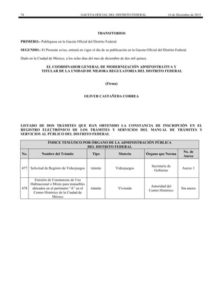74 GACETA OFICIAL DEL DISTRITO FEDERAL 16 de Diciembre de 2015
TRANSITORIOS
PRIMERO.- Publíquese en la Gaceta Oficial del Distrito Federal.
SEGUNDO.- El Presente aviso, entrará en vigor el día de su publicación en la Gaceta Oficial del Distrito Federal.
Dado en la Ciudad de México, a los ocho días del mes de diciembre de dos mil quince.
EL COORDINADOR GENERAL DE MODERNIZACIÓN ADMINISTRATIVA Y
TITULAR DE LA UNIDAD DE MEJORA REGULATORIA DEL DISTRITO FEDERAL
(Firma)
OLIVER CASTAÑEDA CORREA
LISTADO DE DOS TRÁMITES QUE HAN OBTENIDO LA CONSTANCIA DE INSCRIPCIÓN EN EL
REGISTRO ELECTRÓNICO DE LOS TRÁMITES Y SERVICIOS DEL MANUAL DE TRÁMITES Y
SERVICIOS AL PÚBLICO DEL DISTRITO FEDERAL
ÍNDICE TEMÁTICO POR ÓRGANO DE LA ADMINISTRACIÓN PÚBLICA
DEL DISTRITO FEDERAL
No. Nombre del Trámite Tipo Materia Órgano que Norma
No. de
Anexo
477 Solicitud de Registro de Videojuegos trámite Videojuegos
Secretaría de
Gobierno
Anexo 1
478
Emisión de Constancias de Uso
Habitacional o Mixto para inmuebles
ubicados en el perímetro “A” en el
Centro Histórico de la Ciudad de
México
trámite Vivienda
Autoridad del
Centro Histórico
Sin anexo
 