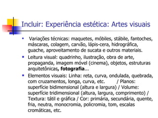 Incluir: Experiência estética: Artes visuais Variações técnicas: maquetes, móbiles, stábile, fantoches, máscaras, colagem, carvão, lápis-cera, hidrográfica, guache, aproveitamento de sucata e outros materiais.  Leitura visual: quadrinho, ilustração, obra de arte, propaganda, imagem móvel (cinema), objetos, estruturas arquitetônicas , fotografia ... Elementos visuais: Linha: reta, curva, ondulada, quebrada, com cruzamentos, longa, curva, etc. / Planos: superfície bidimensional (altura e largura) / Volume: superfície tridimensional (altura, largura, comprimento) / Textura: tátil e gráfica / Cor: primária, secundária, quente, fria, neutra, monocromia, policromia, tom, escalas cromáticas, etc. 