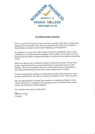 reference letter Rosebank Progress College