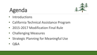 Agenda
• Introductions
• California Technical Assistance Program
• 2015-2017 Modification Final Rule
• Challenging Measures
• Strategic Planning for Meaningful Use
• Q&A
 