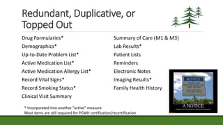 Redundant, Duplicative, or
Topped Out
Drug Formularies* Summary of Care (M1 & M3)
Demographics* Lab Results*
Up-to-Date Problem List* Patient Lists
Active Medication List* Reminders
Active Medication Allergy List* Electronic Notes
Record Vital Signs* Imaging Results*
Record Smoking Status* Family Health History
Clinical Visit Summary
* Incorporated into another “active” measure
Most items are still required for PCMH certification/recertification
 