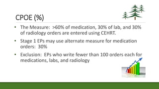 CPOE (%)
• The Measure: >60% of medication, 30% of lab, and 30%
of radiology orders are entered using CEHRT.
• Stage 1 EPs may use alternate measure for medication
orders: 30%
• Exclusion: EPs who write fewer than 100 orders each for
medications, labs, and radiology
 